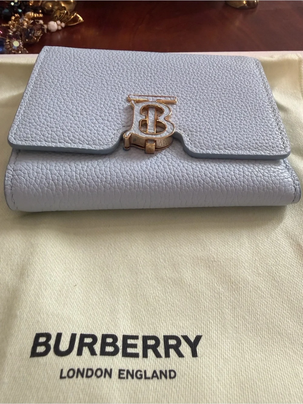 Burberry Pale Blue TB Monogram Folding Leather Wallet NWOT